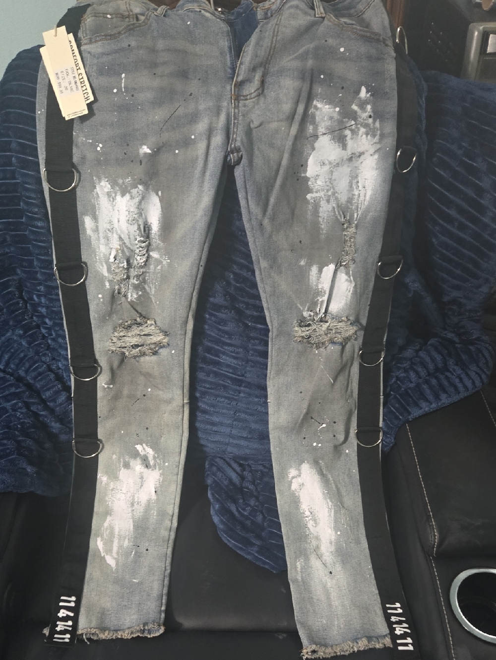 Men's Skinny Gray Distressed Paint-Splatter Jeans
